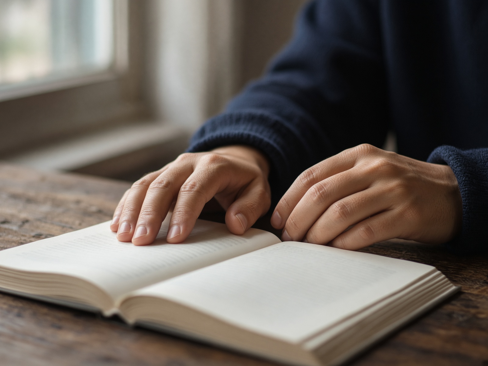 Hands resting on an open book in window light