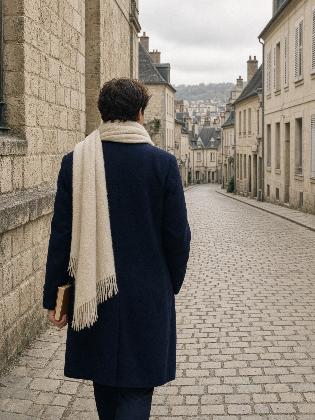 A person walking away on a quiet street, a book in hand
